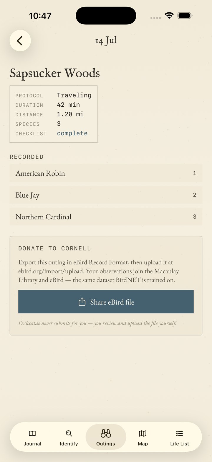 A finished outing with a 'Donate to Cornell' eBird export